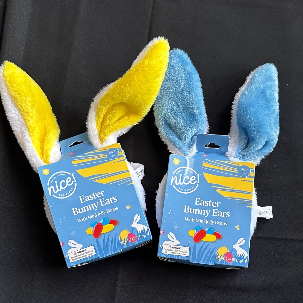 Bunny ears NWT with mini jelly beans candy. New in box, choice of yellow or blue